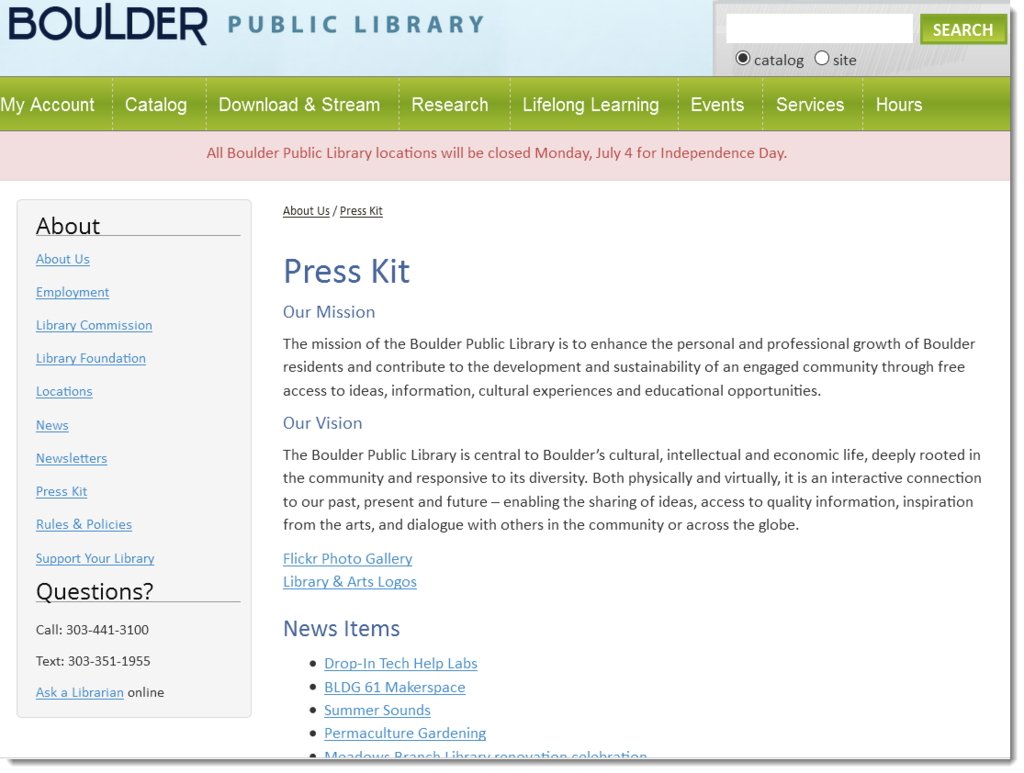 Boulder Public Library press kit marketing example