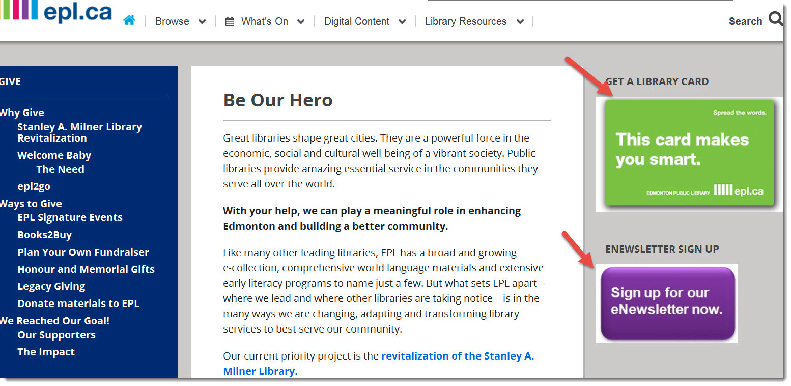 Edmonton Public Library - Calls to Action on Support page