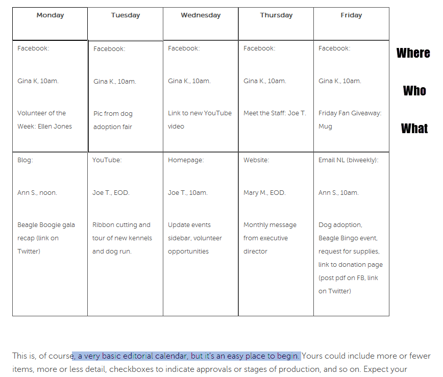 Basic sample nonprofit marketing editorial calendar