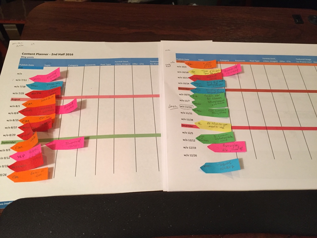 6-months-weekly-content marketing planning with small arrow sticky notes