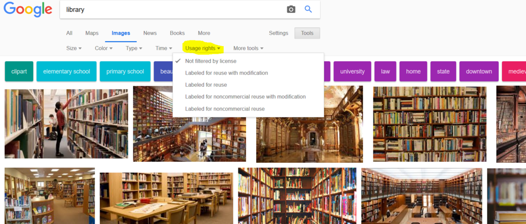 Google Images search filter for reuse rights library books