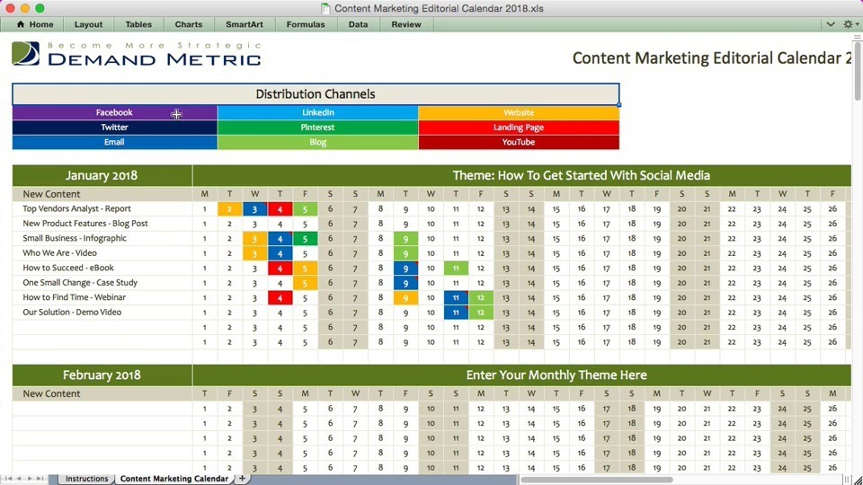 sample content calendar from American Marketing Association with color coding