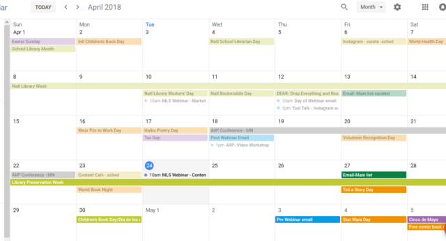 Jennifer's IntelliCraft content calendar in Google Calendars Fun Days marked 