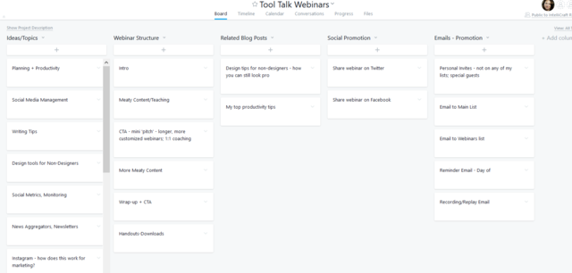 Asana planning board for Marketing Tool Talk webinars 