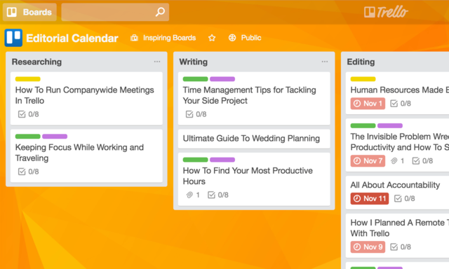 sample template editorial marketing calendar in Trello 