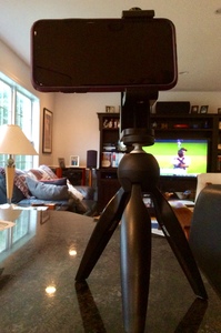 Large iPhone attached to Manfrotto Pixi tripod